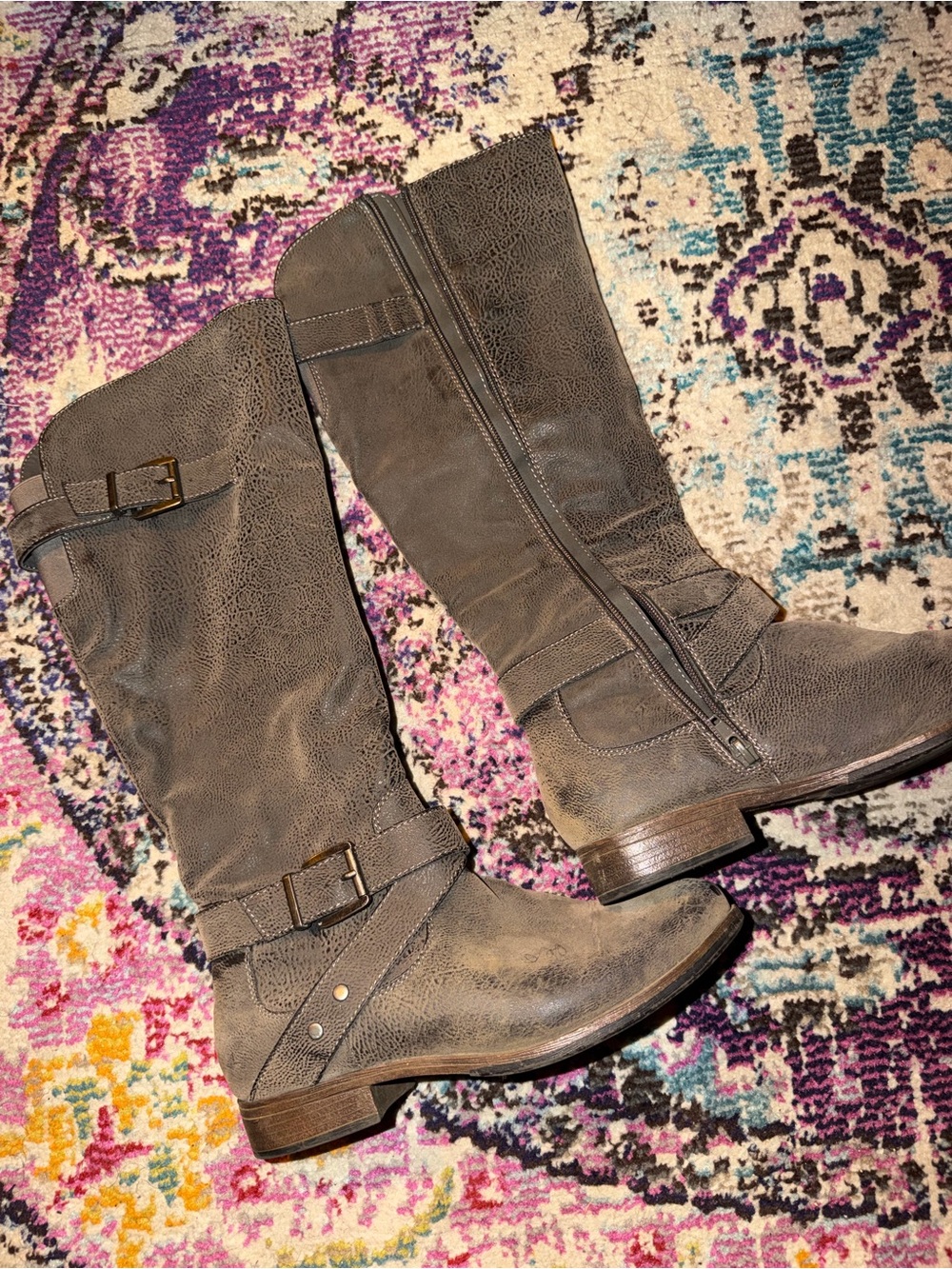 Tall Brown Leather-Look Riding Boots with Buckle Detail